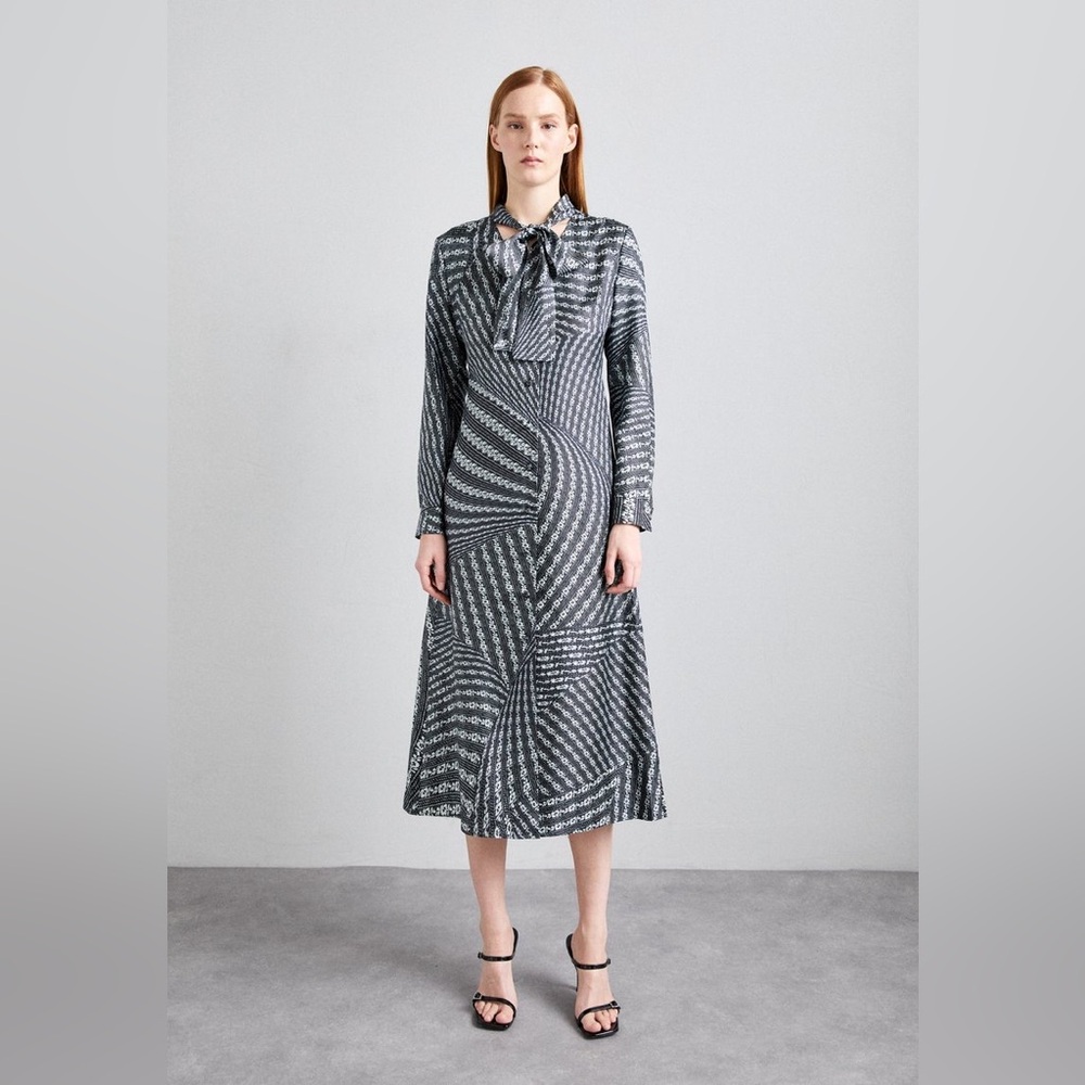 NWT $898 Tory Burch Printed Bow Blouse Dress In Black Warped Lace